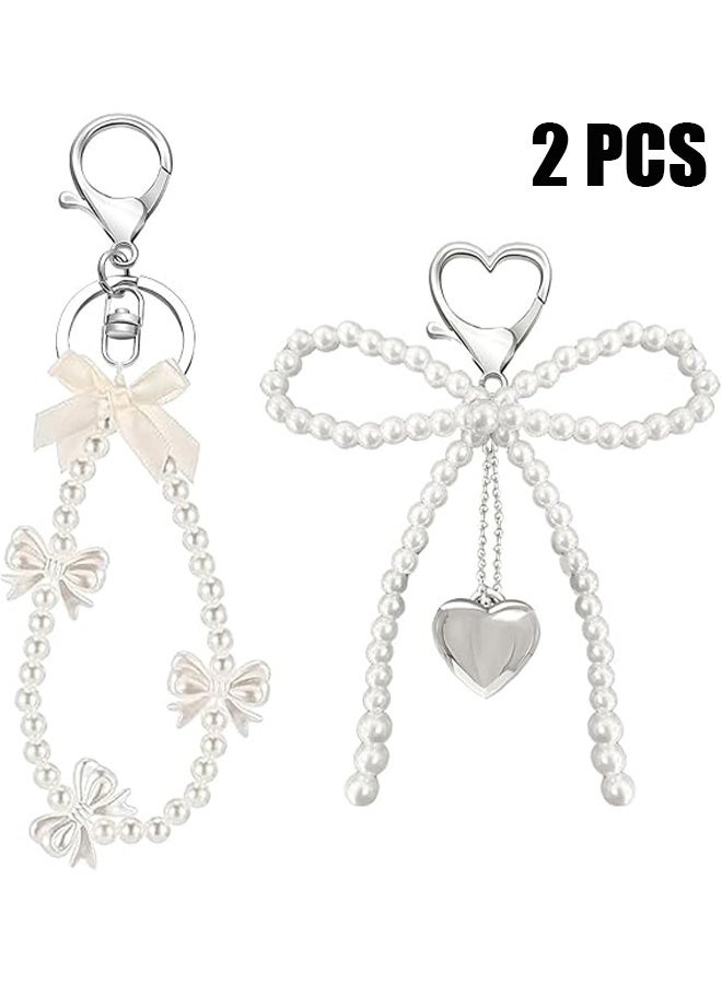 2 Pcs White Pearl Bow Keychain for Women, Pearl Wristlet Keyring, Car Keys Handbag Purse Pendant, Cute Bag Charm Accessory, Elegant Key Holder for Purse, Handbag, Backpack, Ideal Gift for Girls - Image 1