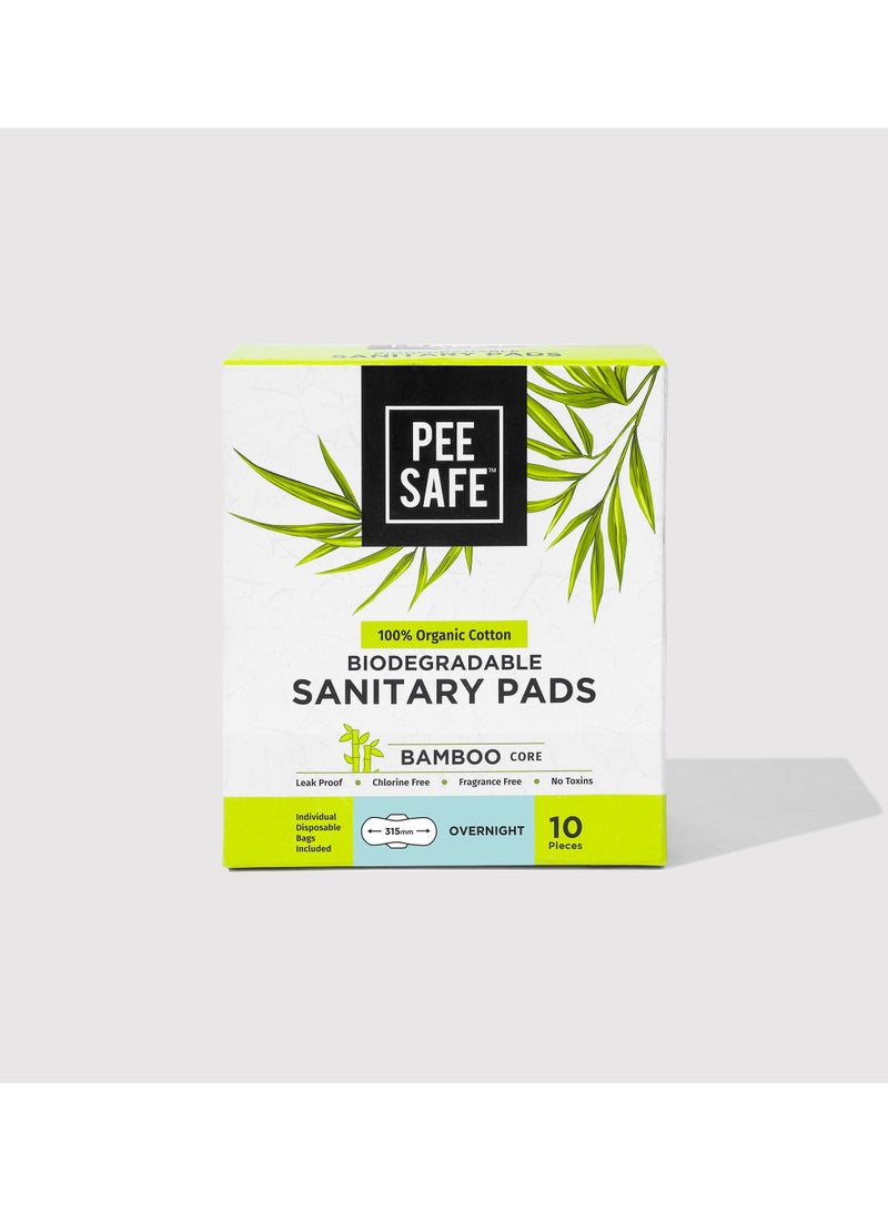 PEE SAFE PeeSafe 100% Organic Cotton Sanitary Pads, Biodegradable Bamboo Core, Super Absorbent & Leak-proof, Fragrance Free, Overnight - 10 Pads - Image 1