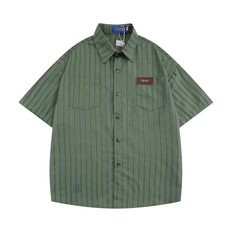 Ja1 never stays up late, Japanese retro Hong Kong-style striped shirt, women's short-sleeved and youthful neutral loose top for men - Image 3