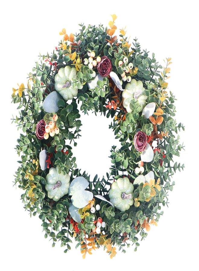 LOKEISNA 19” Eucalyptus Wreath, White Pumpkin Door Wreaths for Front Door Outside & Inside, Green Wreaths for Front Door Wreaths for All Seasons, Artificial Front Door Wreath for Autumn,Thanksgiving - Image 1