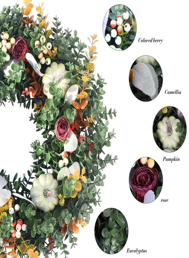 LOKEISNA 19” Eucalyptus Wreath, White Pumpkin Door Wreaths for Front Door Outside & Inside, Green Wreaths for Front Door Wreaths for All Seasons, Artificial Front Door Wreath for Autumn,Thanksgiving - Image 2