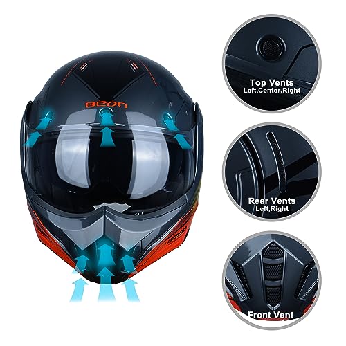 BEON خوذة دراجة نارية كاملة الوجه BEON معتمدة من DOT، واقي ذقن قابل للعكس بزاوية 180° خوذة طيار مودولارية مع نظارات مزدوجة مضادة للضباب وفتحات لسماعات الرأس للرجال والنساء البالغين (S-XXL) - Image 5