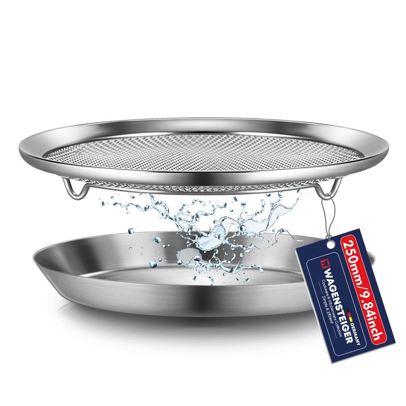 WAGENSTEIGER Stainless Steel Mesh Tray Set with Drip Pan, Air Fryer Basket and Tray, Kitchen Colander, Vegetable and Fruit Strainer, Food Filter, BBQ Prep Tool, Fruit Serving Dishes (9.84 inch) - Image 1