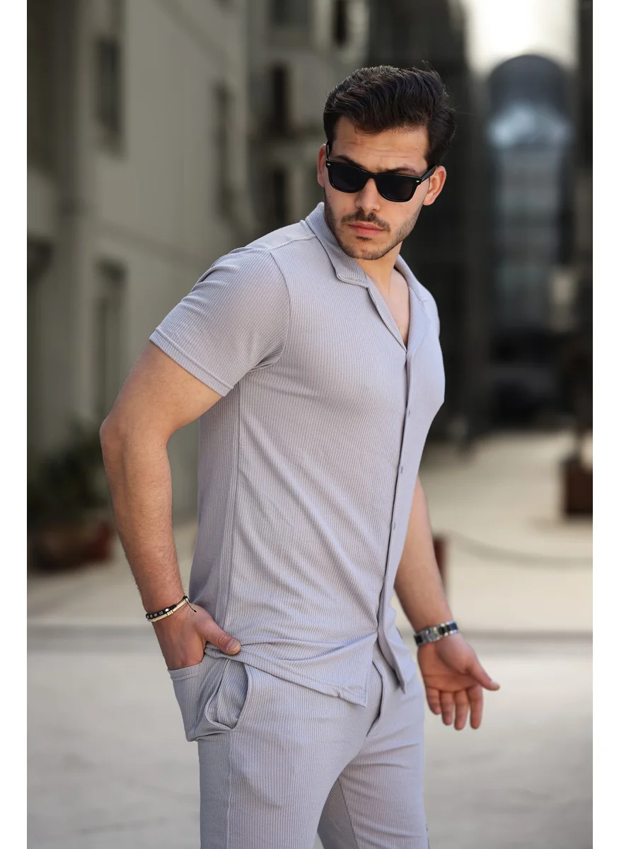 IXIR Men's Slim Striped Shirt and Shorts Set Gray