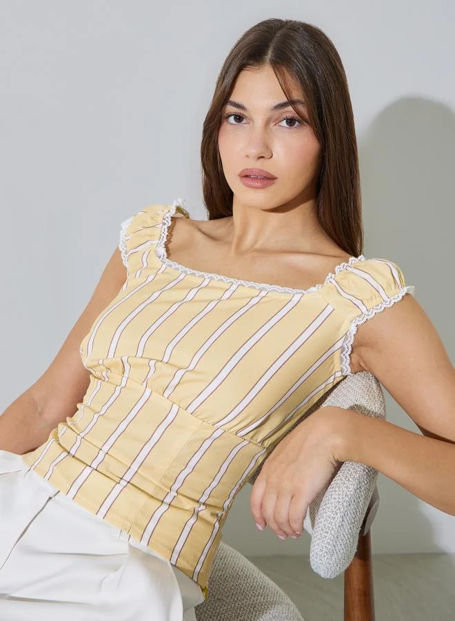 Styli Yellow Striped Square Neck Tank Top