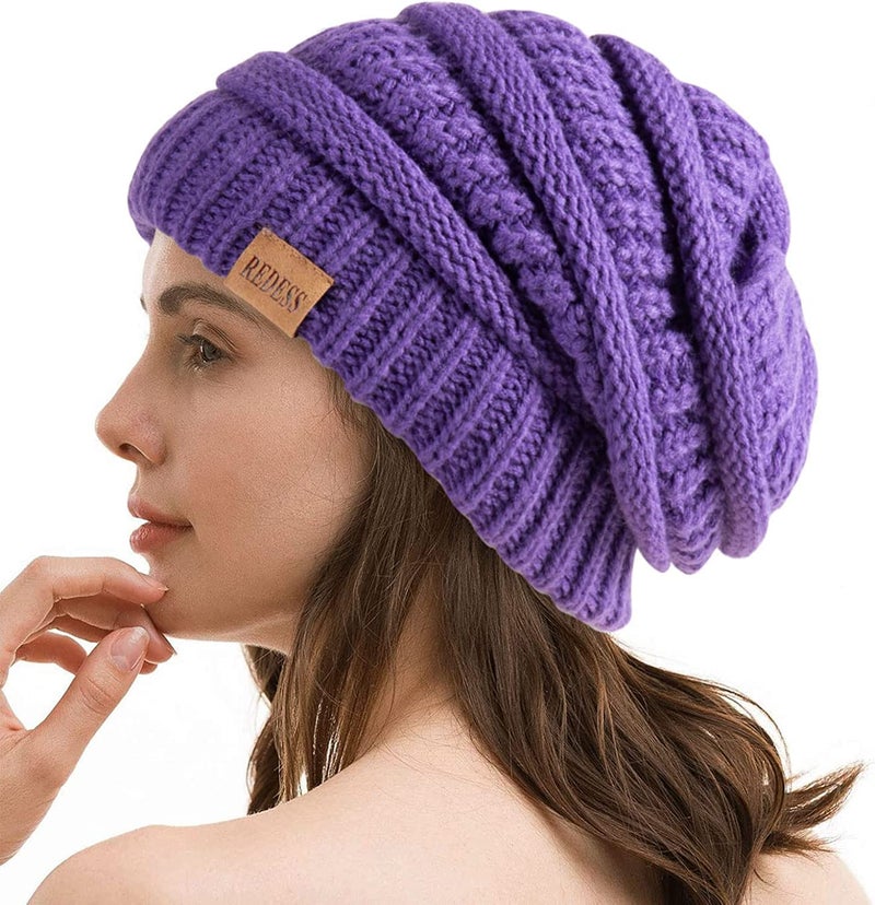 REDESS Slouchy Beanie Hat for Women Winter Warm Chunky Soft Oversized Cable Knit Cap Light Purple - Image 1