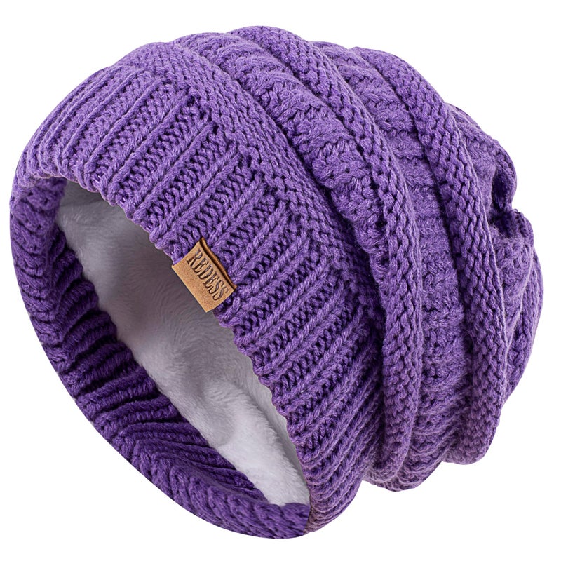 REDESS Slouchy Beanie Hat for Women Winter Warm Chunky Soft Oversized Cable Knit Cap Light Purple - Image 3