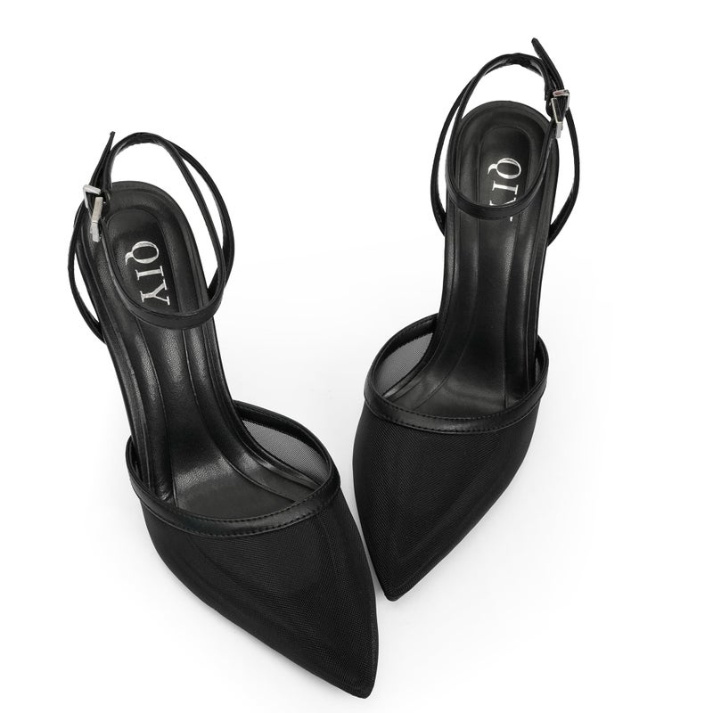 QIY Mesh Heels for Women Closed Toe Pointed Toe Pointy Heel Slingback Kitten Stiletto Ankle Strap Black Heels Dress Shoes Black Pumps Size 7.5 - Image 5