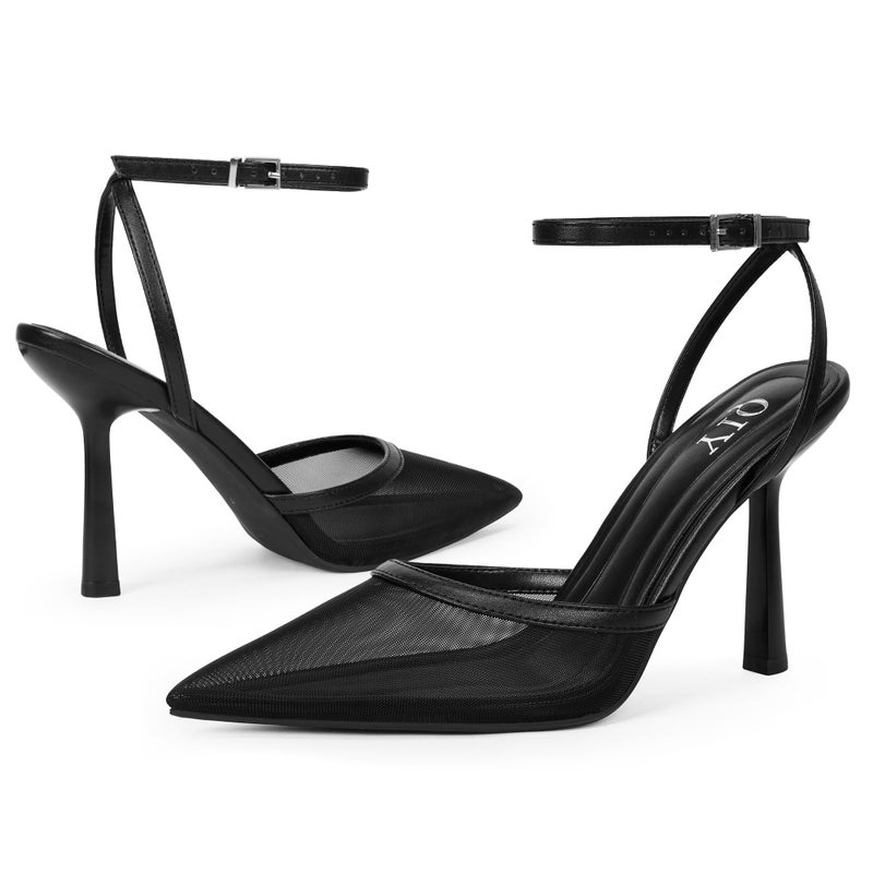 QIY Mesh Heels for Women Closed Toe Pointed Toe Pointy Heel Slingback Kitten Stiletto Ankle Strap Black Heels Dress Shoes Black Pumps Size 7.5 - Image 4
