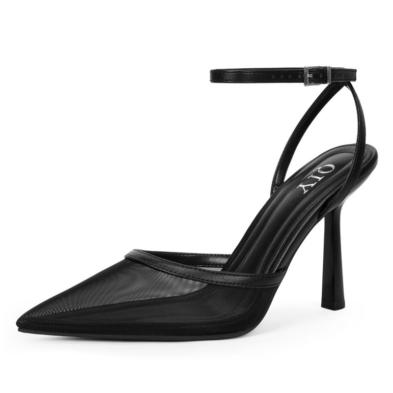 QIY Mesh Heels for Women Closed Toe Pointed Toe Pointy Heel Slingback Kitten Stiletto Ankle Strap Black Heels Dress Shoes Black Pumps Size 7.5 - Image 1