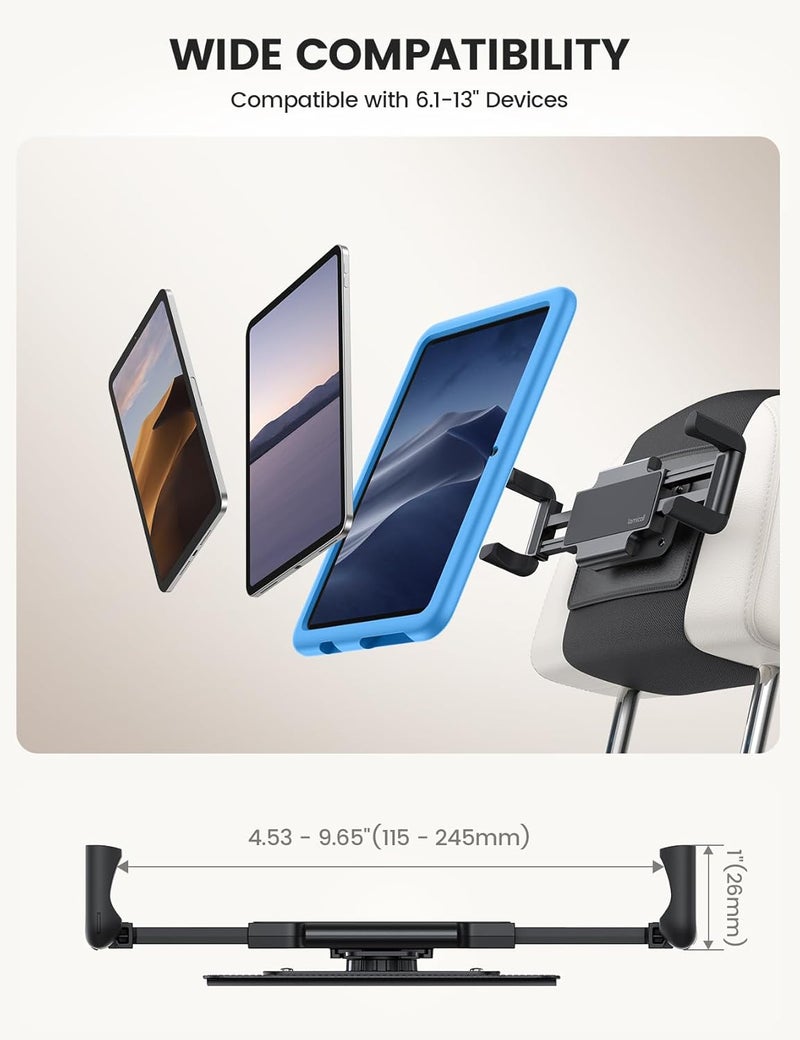 Lamicall Car Tablet Holder - Wide Silicone Clip, Foldable, 360° Rotation, High Elasticity Velcro, Compatible with 6.1-13 Inch Tablets - Image 5