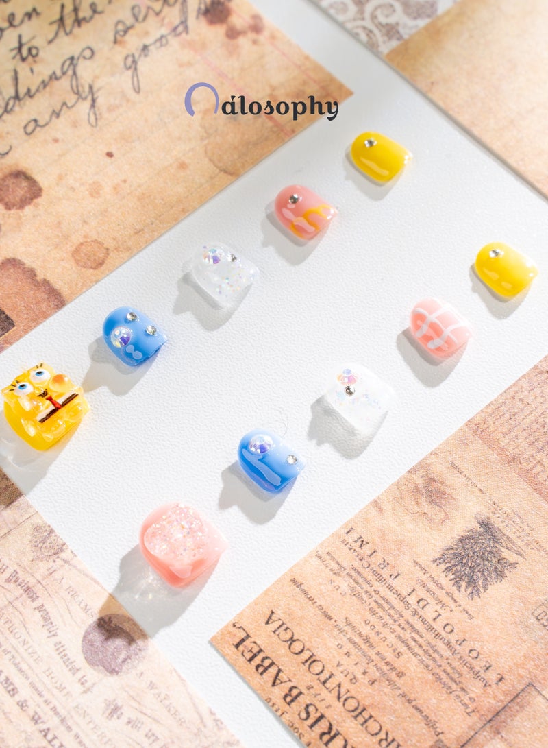 Nailosophy Handmade Gel Kids Press-on Nails Cute Yellow Sponge & Hearts | Mini Shape - Image 1