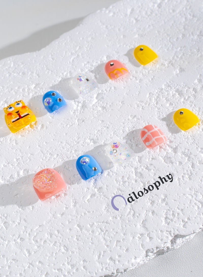 Nailosophy Handmade Gel Kids Press-on Nails Cute Yellow Sponge & Hearts | Mini Shape - Image 2