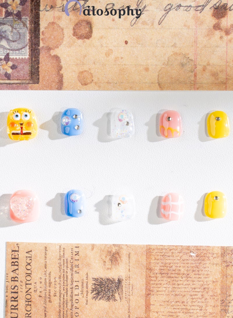 Nailosophy Handmade Gel Kids Press-on Nails Cute Yellow Sponge & Hearts | Mini Shape - Image 3
