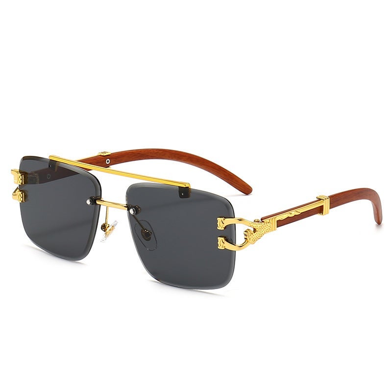 2022 new wood grain leopard head sunglasses women and mens double beam trim sunscreen sunglasses cross-border explosion glasses 8033 black and gray slices