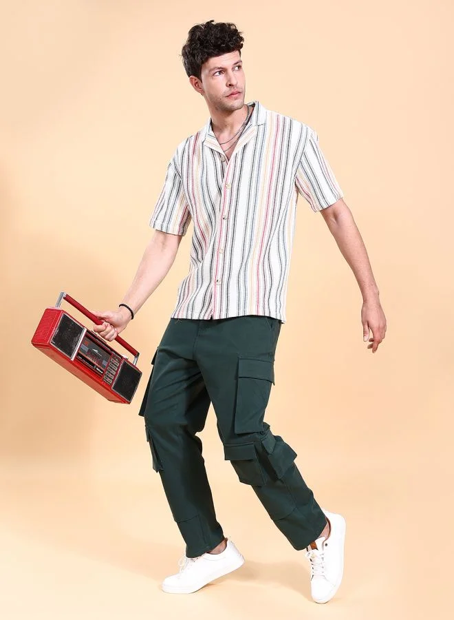 The Indian Garage Co Men Relaxed Fit Striped Half Sleeves Cuban Collar Resort Wear Shirt