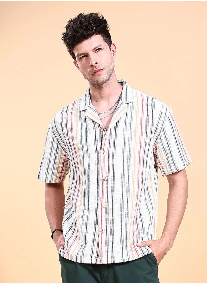 The Indian Garage Co Men Relaxed Fit Striped Half Sleeves Cuban Collar Resort Wear Shirt