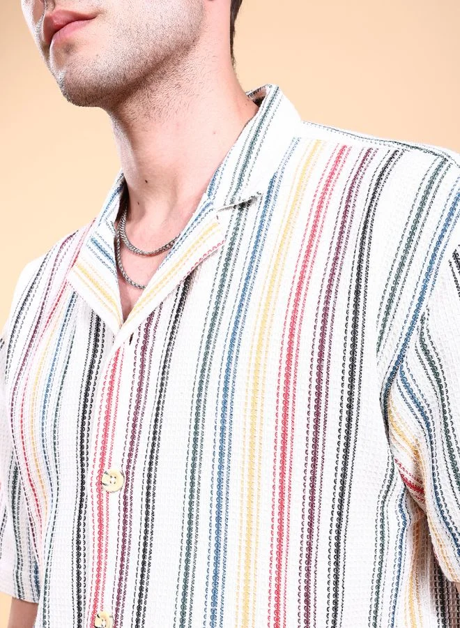 The Indian Garage Co Men Relaxed Fit Striped Half Sleeves Cuban Collar Resort Wear Shirt