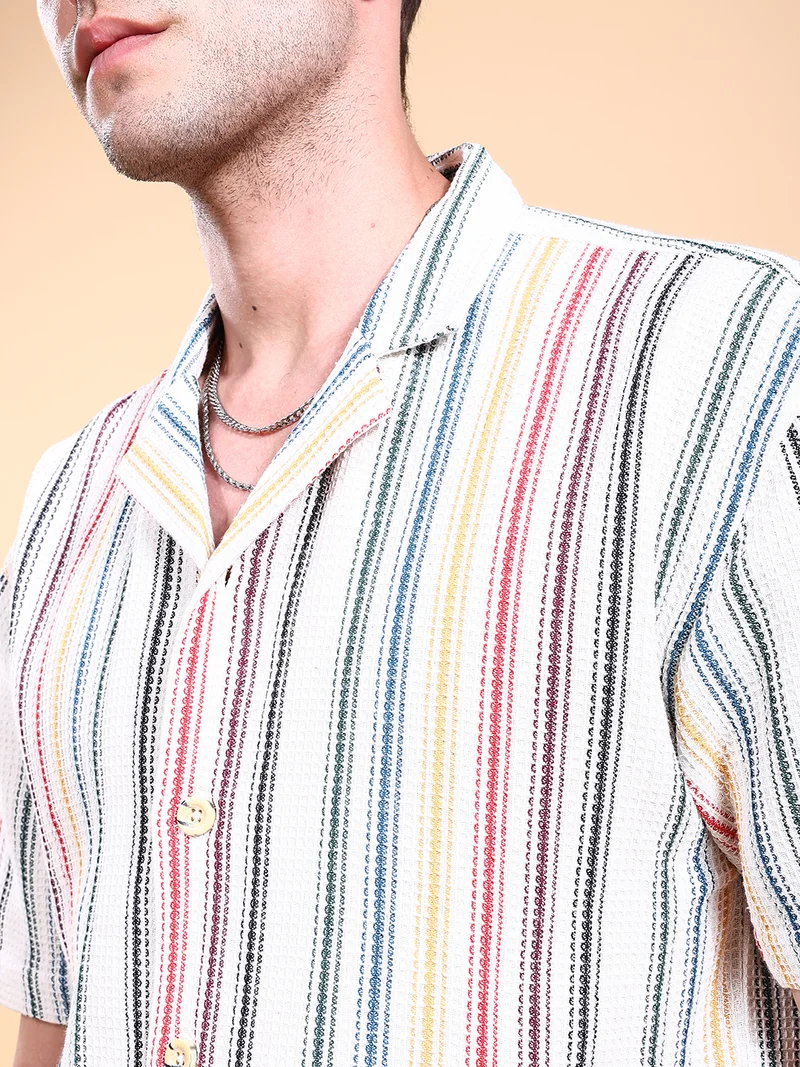 The Indian Garage Co Men Relaxed Fit Striped Half Sleeves Cuban Collar Resort Wear Shirt