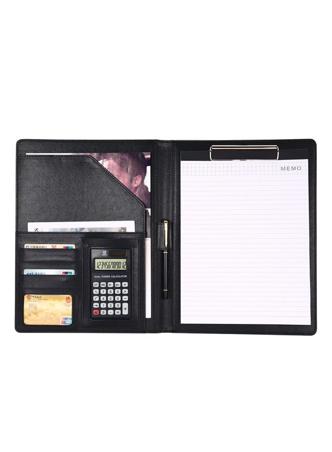 Padfolio Folder Clipboard, Professional Leather Office Conference Executive Business Portfolio Case with Document Sleeve A4 Size Clipboard, Card Holders, calculator, Black