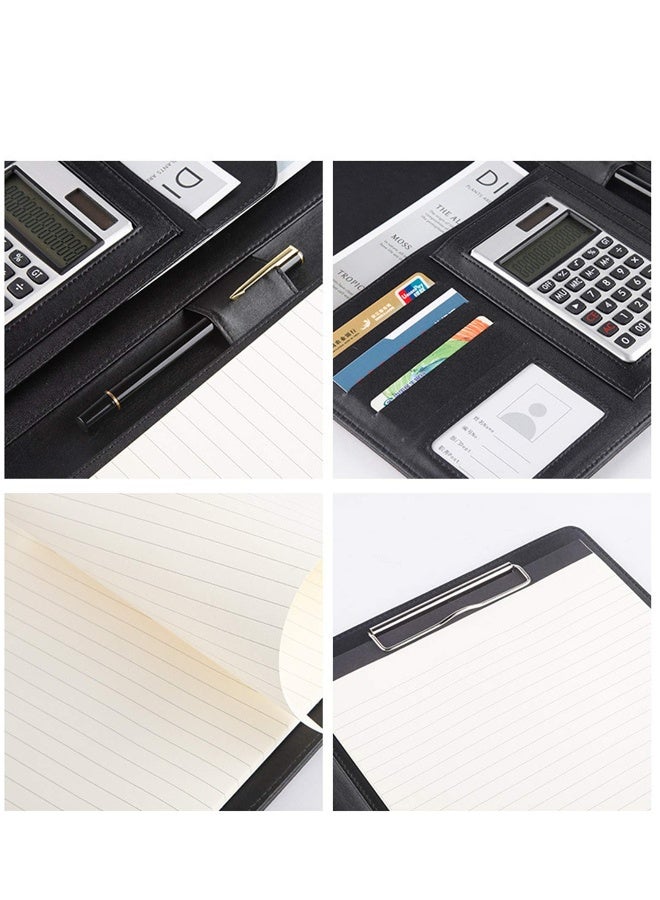 Padfolio Folder Clipboard, Professional Leather Office Conference Executive Business Portfolio Case with Document Sleeve A4 Size Clipboard, Card Holders, calculator, Black