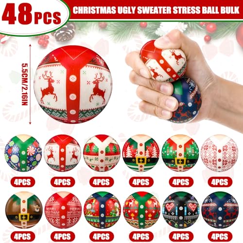 JellyArch 48 Pcs Christmas Ugly Sweater Stress Balls Bulk 2 Inch Christmas Foam PU Squeeze Balls Mini Stress Relief Toys Xmas Party Favors Goodie Bag Fillers Stocking Stuffer Gifts - Image 5