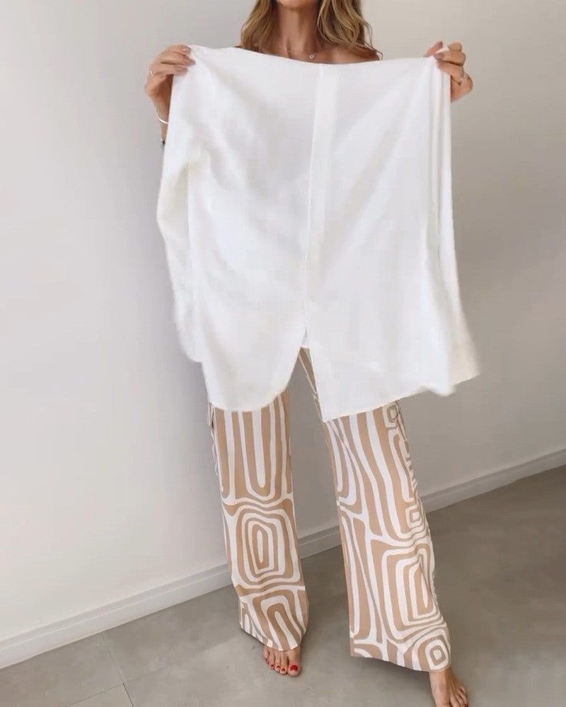 Cross-border European and American Casual suit Womens Digital Printing Commuter Shirt Loose Pants Two-piece Set Shirt