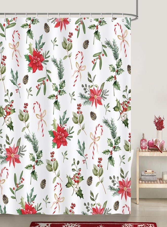 Bonhause Christmas Shower Curtain, Red Poinsettias Holly Berries Candy Cane Winter Holiday Bathroom Decor 72 x 72 Inch Polyester Fabric Waterproof Bath Curtain with 12 Hooks - Image 2