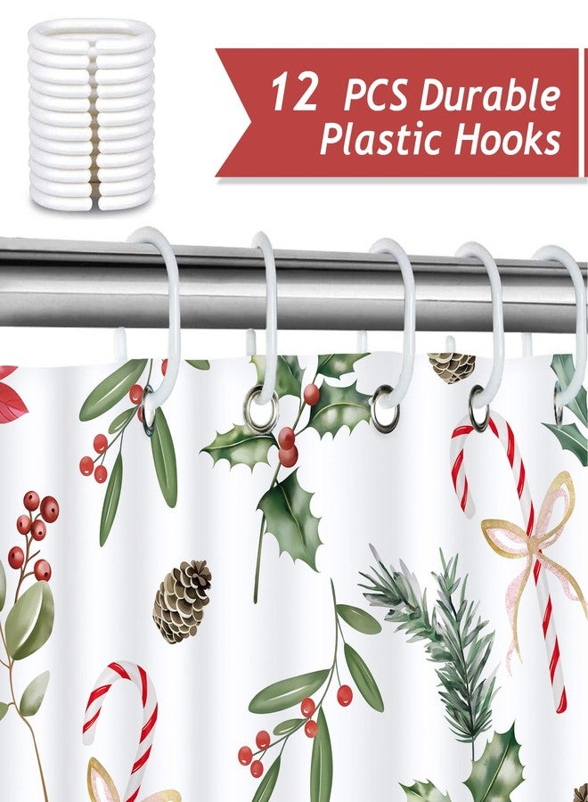 Bonhause Christmas Shower Curtain, Red Poinsettias Holly Berries Candy Cane Winter Holiday Bathroom Decor 72 x 72 Inch Polyester Fabric Waterproof Bath Curtain with 12 Hooks - Image 3