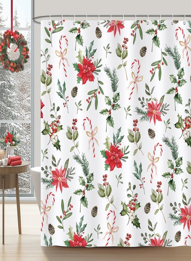 Bonhause Christmas Shower Curtain, Red Poinsettias Holly Berries Candy Cane Winter Holiday Bathroom Decor 72 x 72 Inch Polyester Fabric Waterproof Bath Curtain with 12 Hooks - Image 1