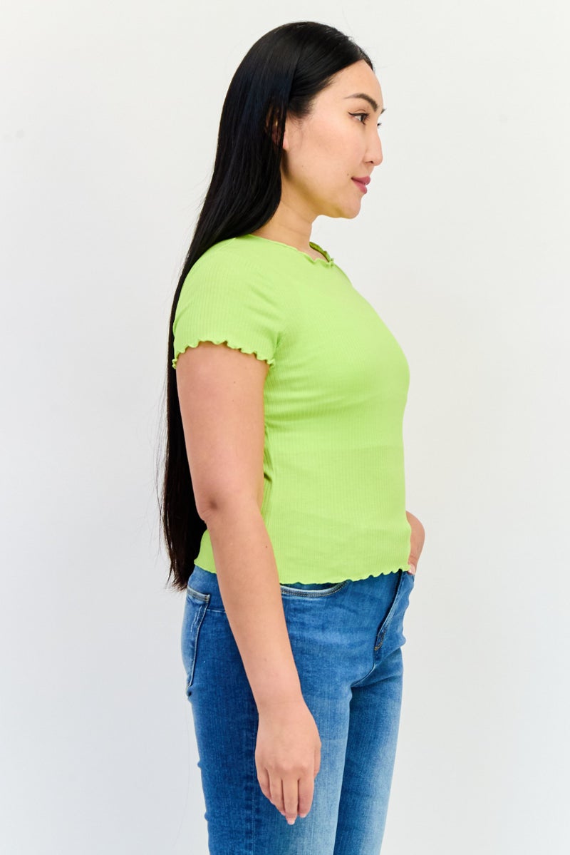 ONLY Women Ruffle Neck Short Sleeve Solid T Shirt, Lime  - Image 2