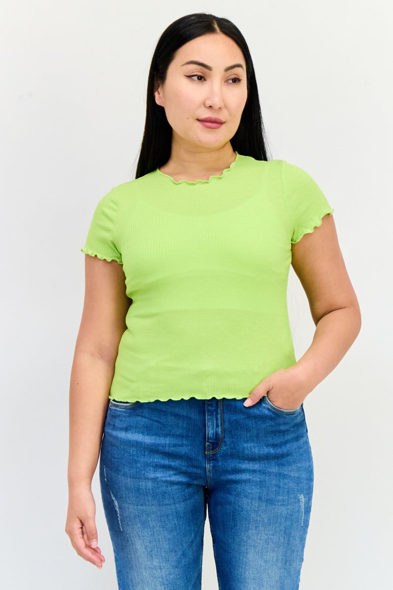 ONLY Women Ruffle Neck Short Sleeve Solid T Shirt, Lime  - Image 1