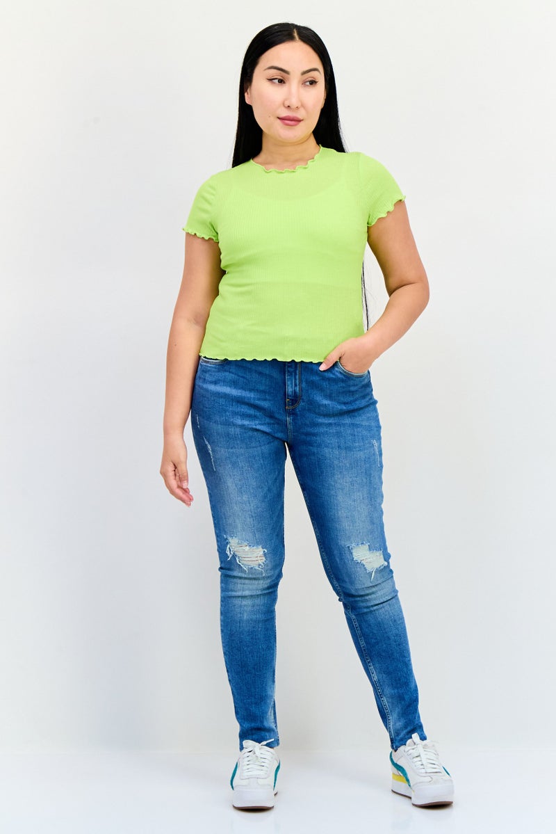 ONLY Women Ruffle Neck Short Sleeve Solid T Shirt, Lime  - Image 4