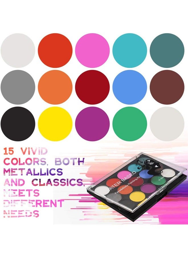 Face Paint Kit for Kids,Professional Non-tocix Face Paint 15 Colors Kit with 2 Brushes, Body Makeup Paint Hypoallergenic Water Based Paints for Party Cosplay - Image 4