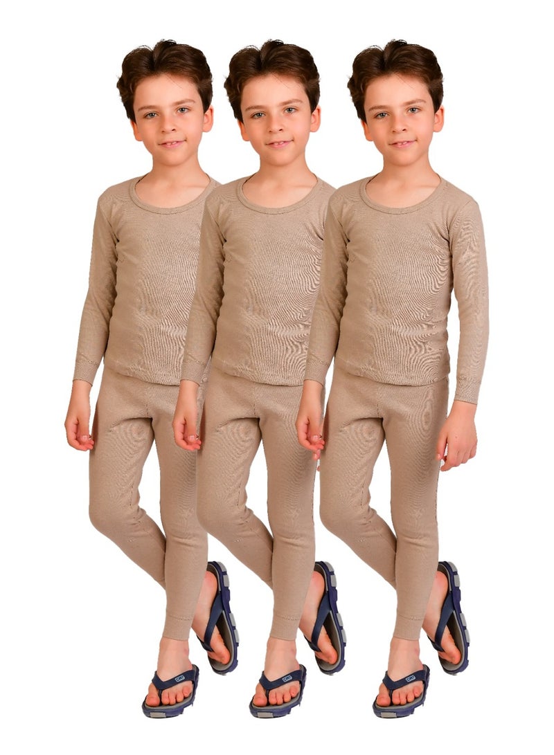 Boys Underwear 3Pieces Thermal Set Long Sleeves & Long Johns-Beige