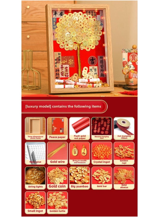 Generic Ge Qiang Fortune Tree Diy Photo Frame 50 Cents Coin Decoration Move Opening Wedding Year Gift Ornaments Material Bag-Color:10inch Hanging + Gift Recommendation [color Paper + Ribbon + Hanging Card + Gift Box] - Flagship Model: Gold Coin (safety Background) Super Luxury Eighteen-piece Set  - Image 1