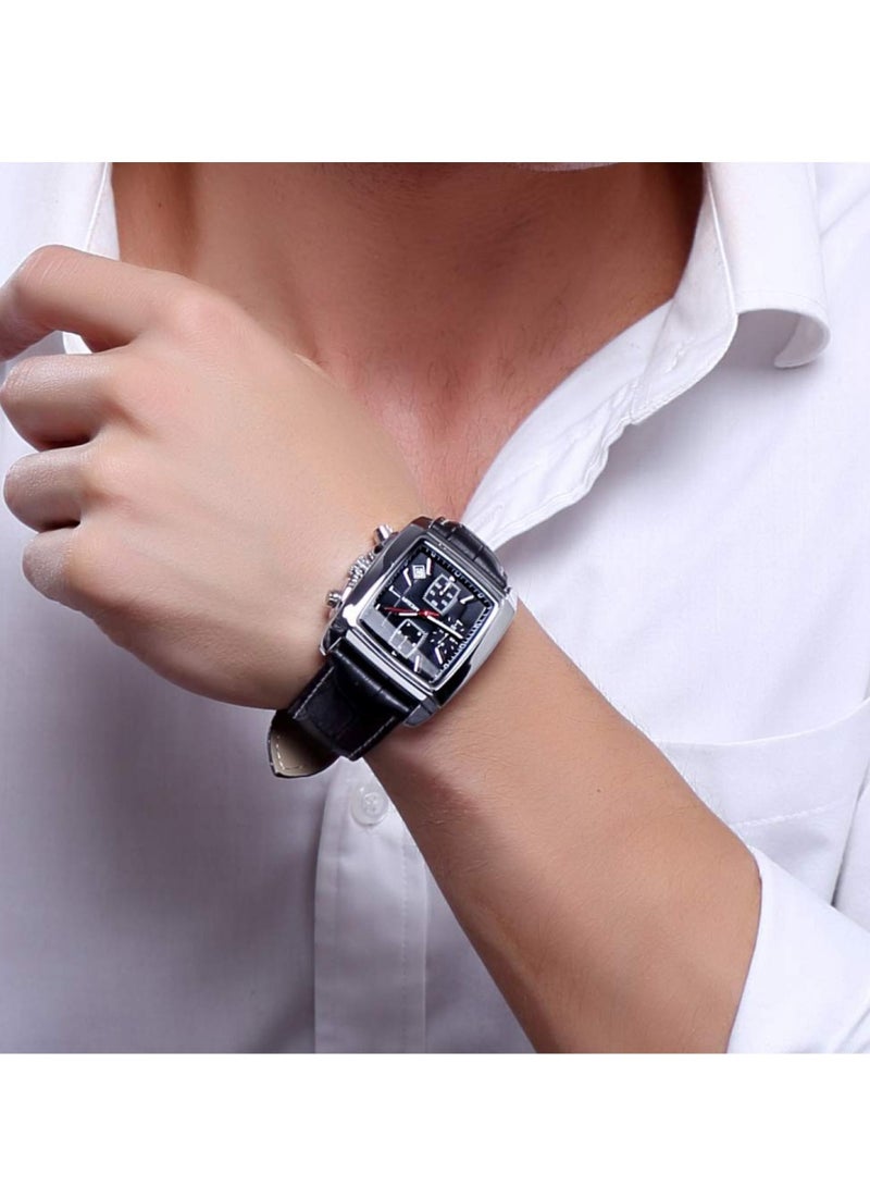 ميجر ساعة تناظرية للرجال، ساعة بسوار جلدي بمينا مستطيل، ساعة معصم كرونوغراف مضيئة للرجال، ساعة كوارتز عسكرية مريحة وخفيفة الوزن للرجال، (قطعة واحدة، أسود) - Image 3