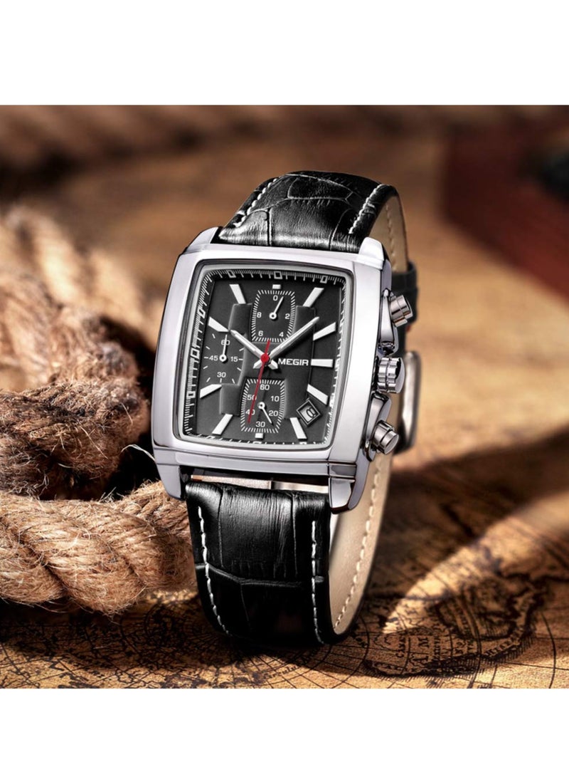 ميجر ساعة تناظرية للرجال، ساعة بسوار جلدي بمينا مستطيل، ساعة معصم كرونوغراف مضيئة للرجال، ساعة كوارتز عسكرية مريحة وخفيفة الوزن للرجال، (قطعة واحدة، أسود) - Image 4