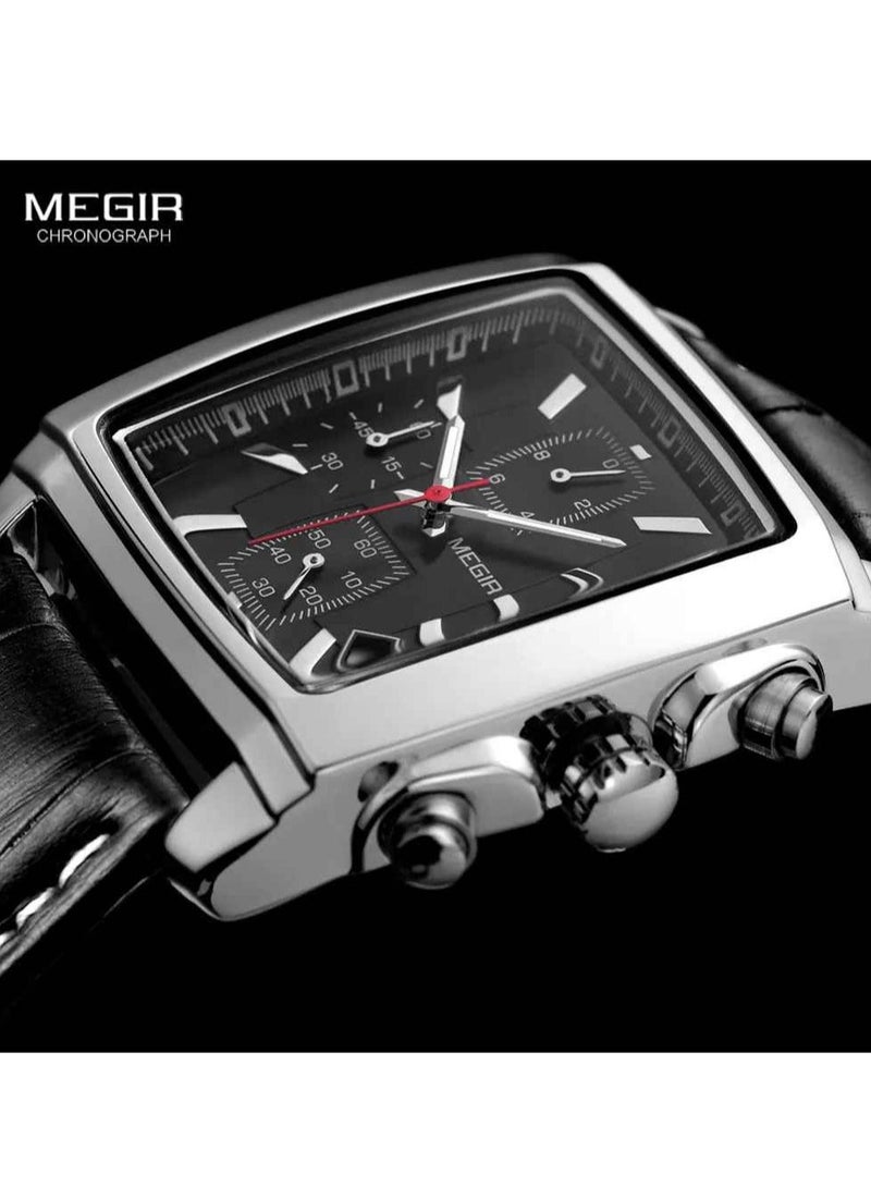 ميجر ساعة تناظرية للرجال، ساعة بسوار جلدي بمينا مستطيل، ساعة معصم كرونوغراف مضيئة للرجال، ساعة كوارتز عسكرية مريحة وخفيفة الوزن للرجال، (قطعة واحدة، أسود) - Image 2