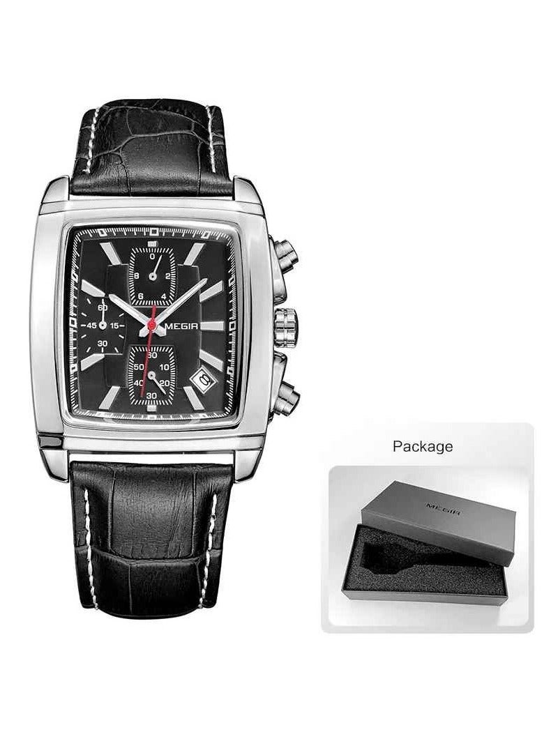 ميجر ساعة تناظرية للرجال، ساعة بسوار جلدي بمينا مستطيل، ساعة معصم كرونوغراف مضيئة للرجال، ساعة كوارتز عسكرية مريحة وخفيفة الوزن للرجال، (قطعة واحدة، أسود) - Image 1