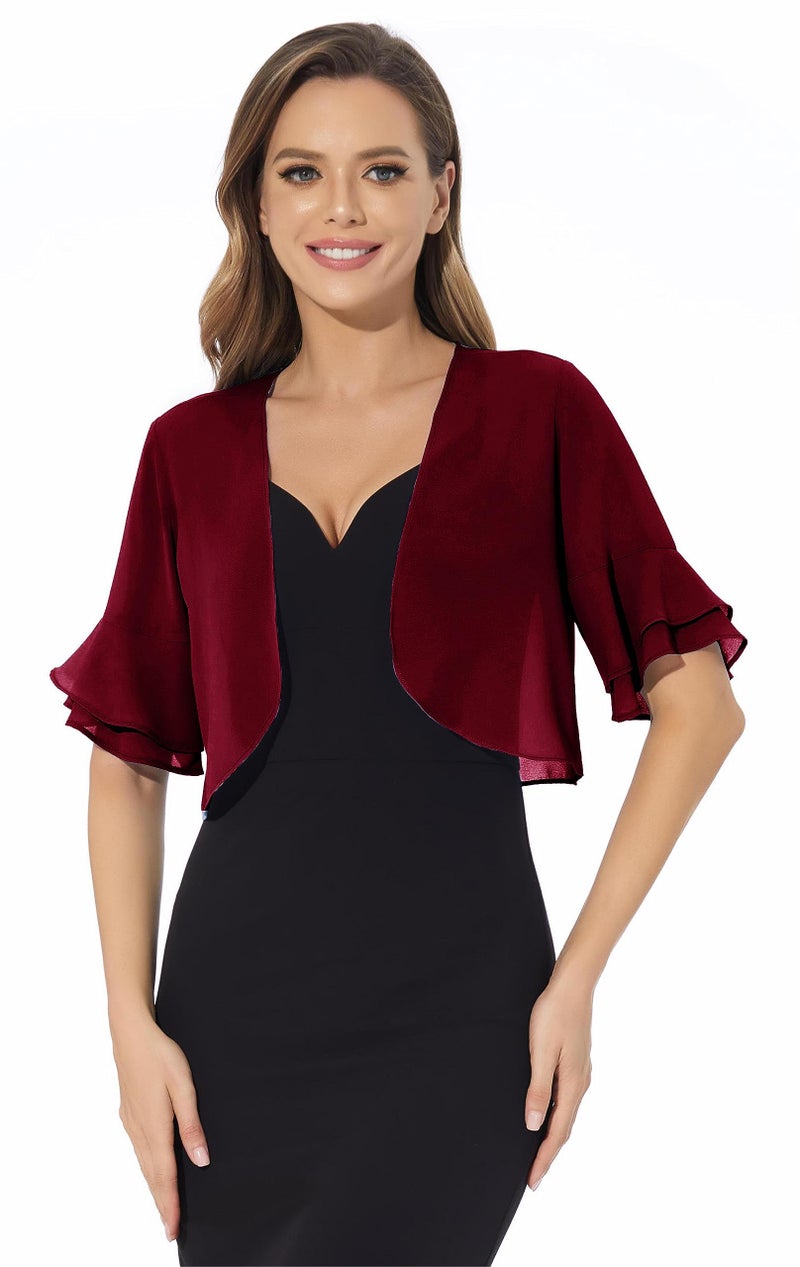 Sepsap Women Shrug Soft Chiffon Open Front Sheer 3/4 Sleeve Bolero Cardigan for Evening Dress(Deep Wine Red,XL) - Image 2