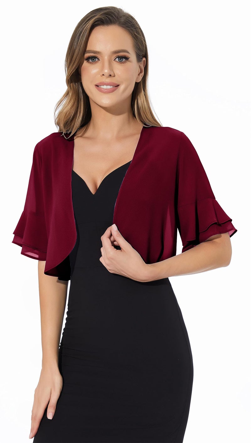 Sepsap Women Shrug Soft Chiffon Open Front Sheer 3/4 Sleeve Bolero Cardigan for Evening Dress(Deep Wine Red,XL) - Image 5