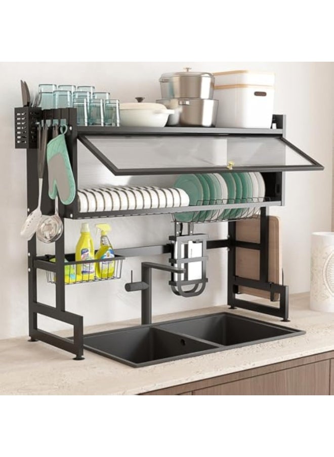 Apexll 3-Tier Over Sink Dish Drying Rack, Dish Drying Rack, Space-Saving Large Capacity Kitchen Organizer with Cover, Baskets, Utensil Holder, Black  - Image 1