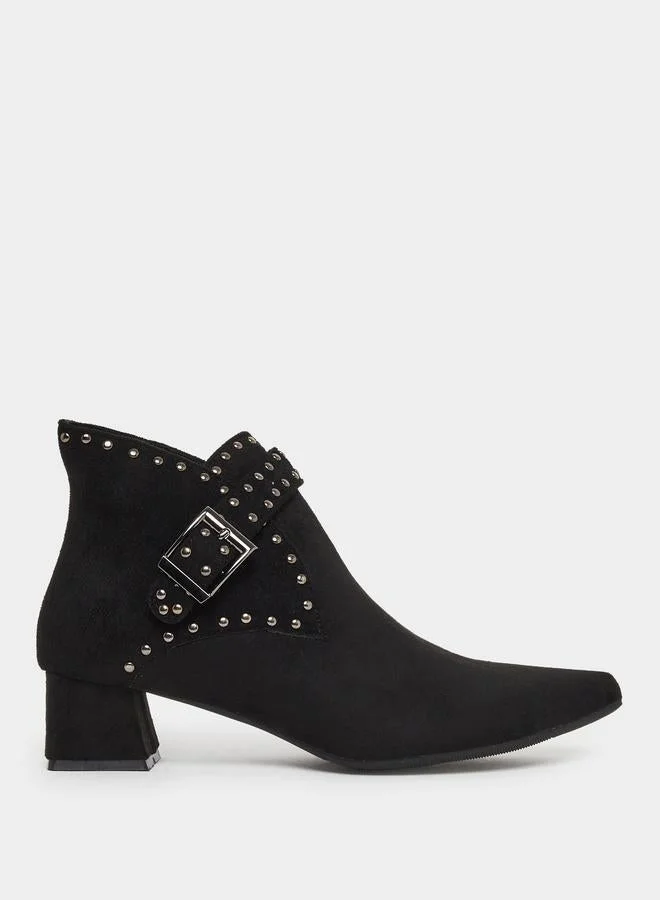 Black Studded Buckle Ankle Boots