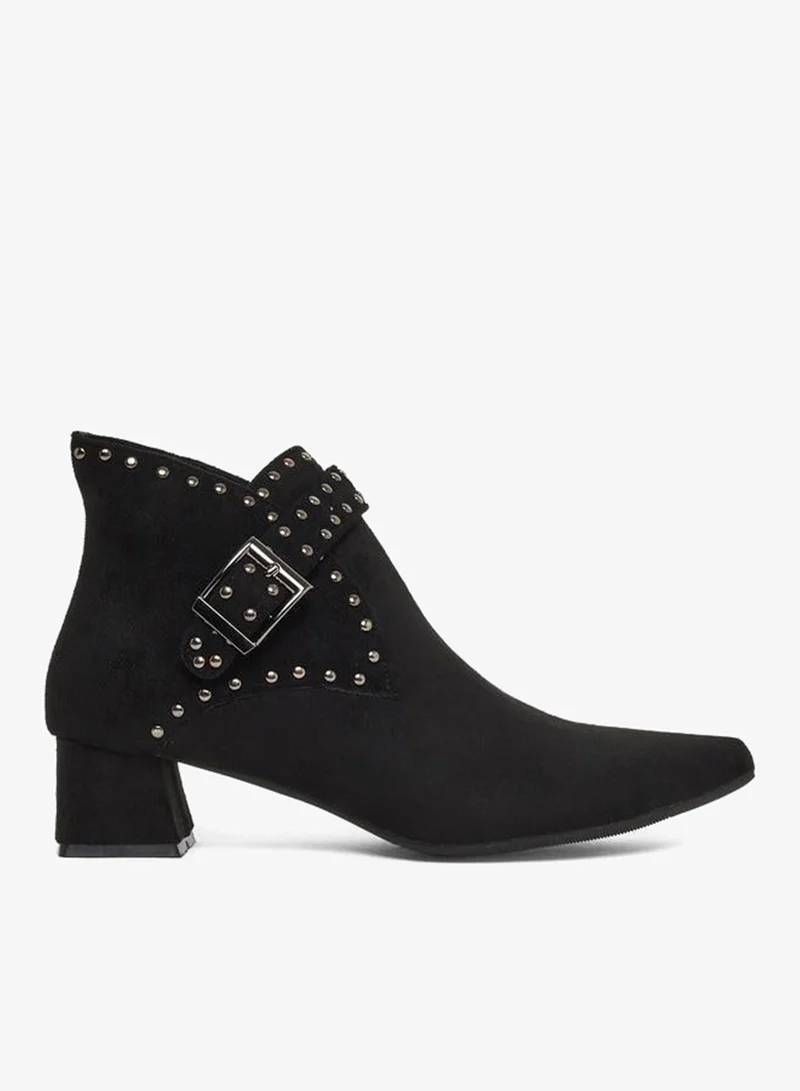 Styli Black Studded Buckle Ankle Boots