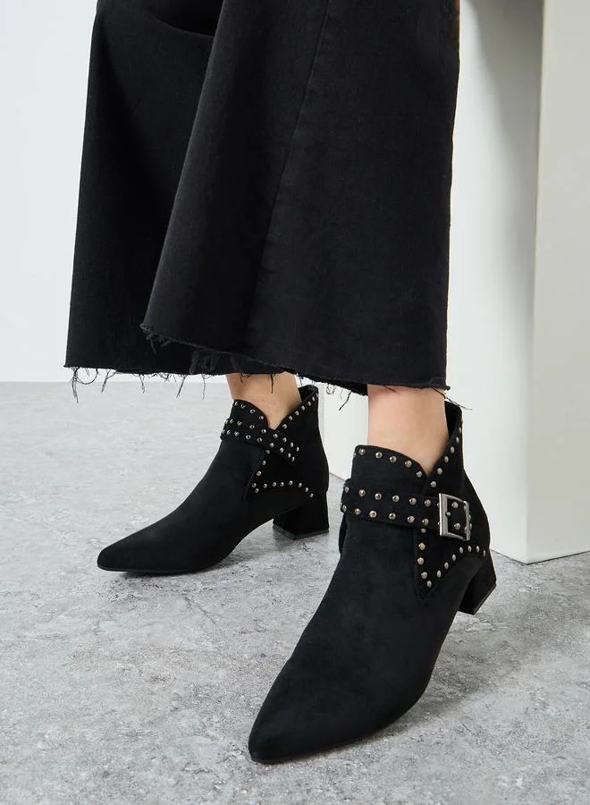 Styli Black Studded Buckle Ankle Boots
