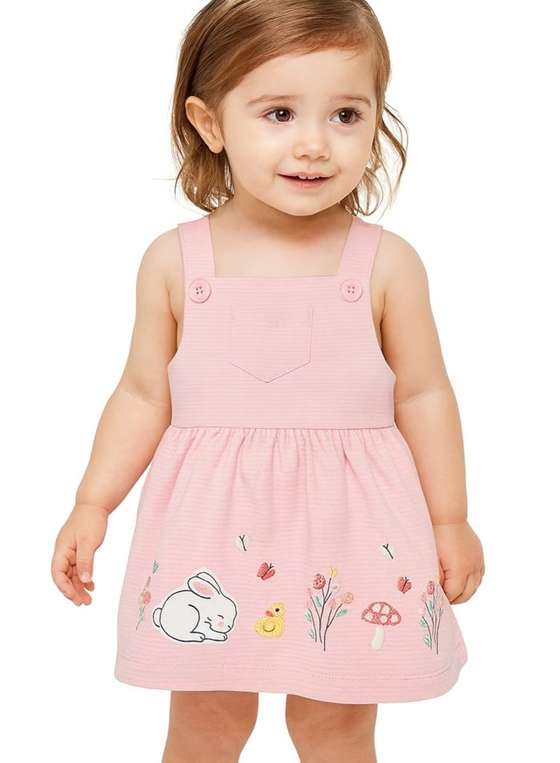 Smarties AE Baby Girl Pink Summer Dress with Bunny Embroidery | 12 - 18 Months | 100% Cotton Sleeveless Overall Style | Soft Floral Button Strap Dress | Perfect Baby Gift | - Image 1