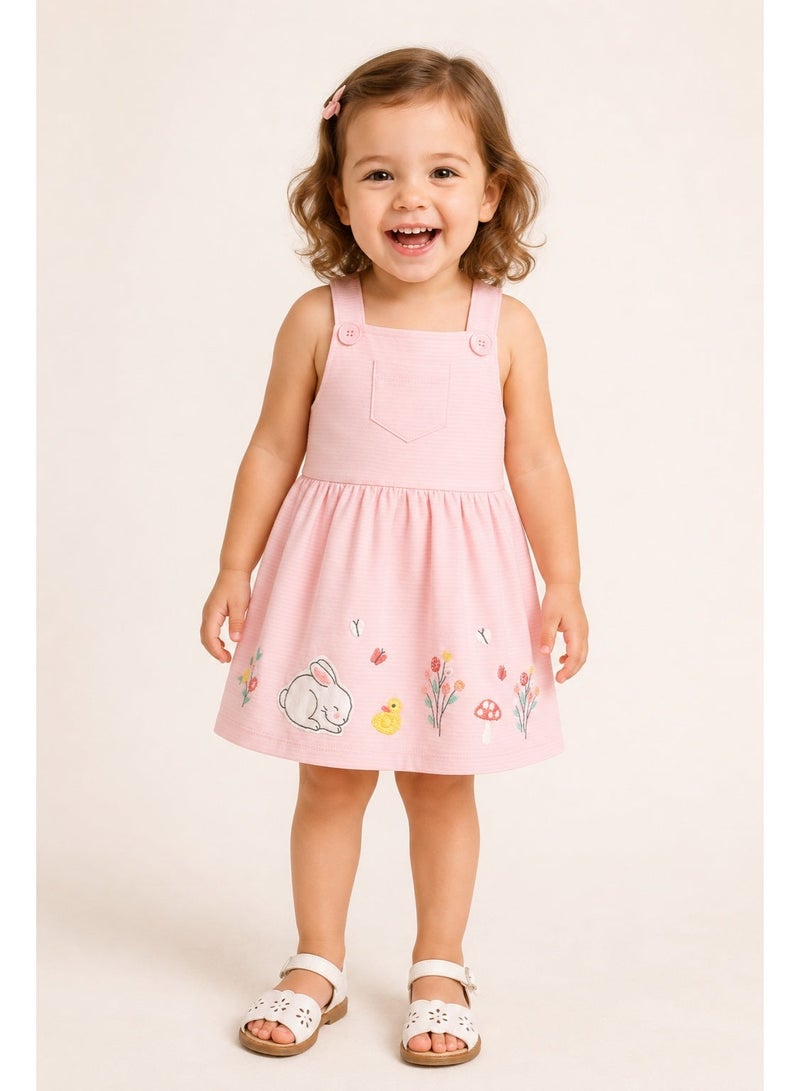 Smarties AE Baby Girls Pink Bunny Embroidered Pinafore Dress, 9-36 Months.  Cute bunny, duck, floral & butterfly embroidery with button straps, front pocket and gathered skirt. - Image 5