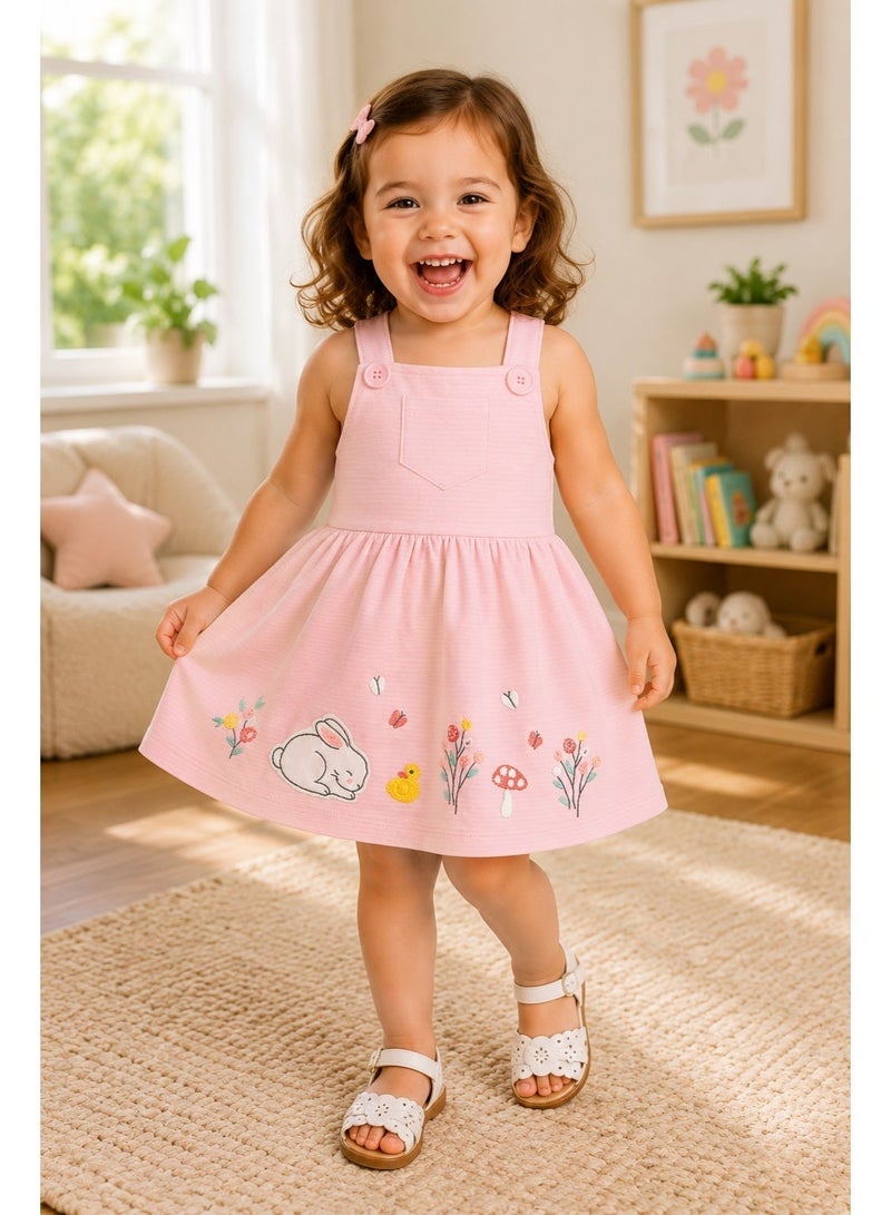 Smarties AE Baby Girls Pink Bunny Embroidered Pinafore Dress, 9-36 Months.  Cute bunny, duck, floral & butterfly embroidery with button straps, front pocket and gathered skirt. - Image 1