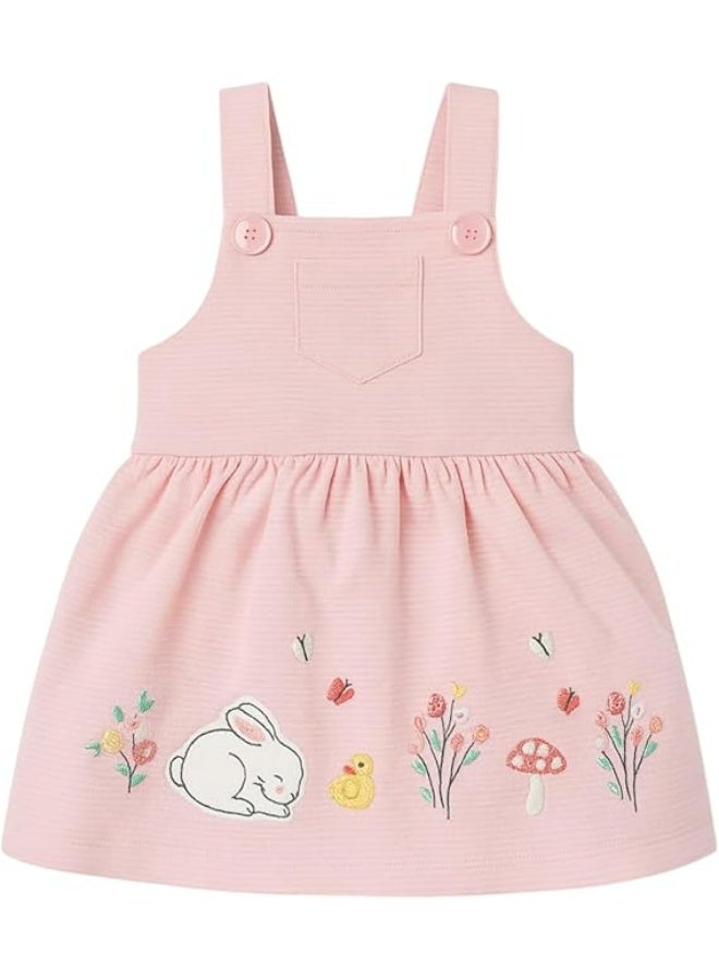 Smarties AE Baby Girls Pink Bunny Embroidered Pinafore Dress, 9-36 Months.  Cute bunny, duck, floral & butterfly embroidery with button straps, front pocket and gathered skirt. - Image 2